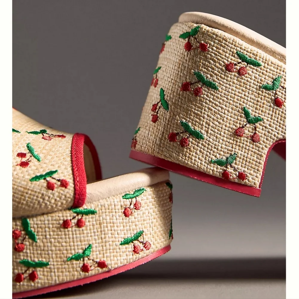 Matisse Anthropologie Embroidered Cherry Cork Platform Wedge Slide Sandals Terry